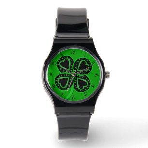 Black Green Clover with Heart B St Patrick's Watch