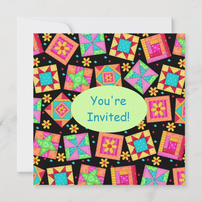 Black Green Colourful Patchwork Quilt Block Art Invitation (Front)
