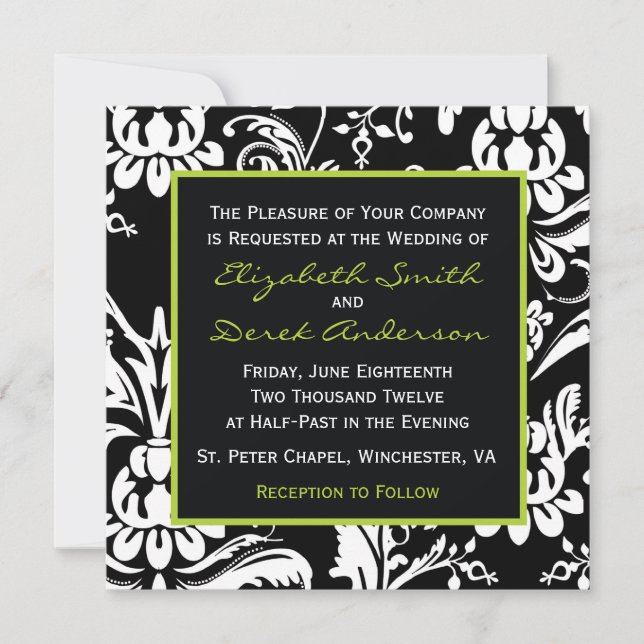 Black & Green Contemporary Damask Invitation (Front)
