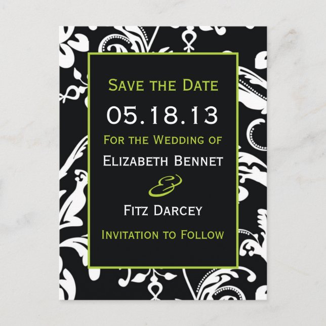 Black & Green Contemporary Damask Save the Date Announcement Postcard (Front)