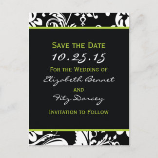 Black & Green Contemporary Damask Save the Date Announcement Postcard