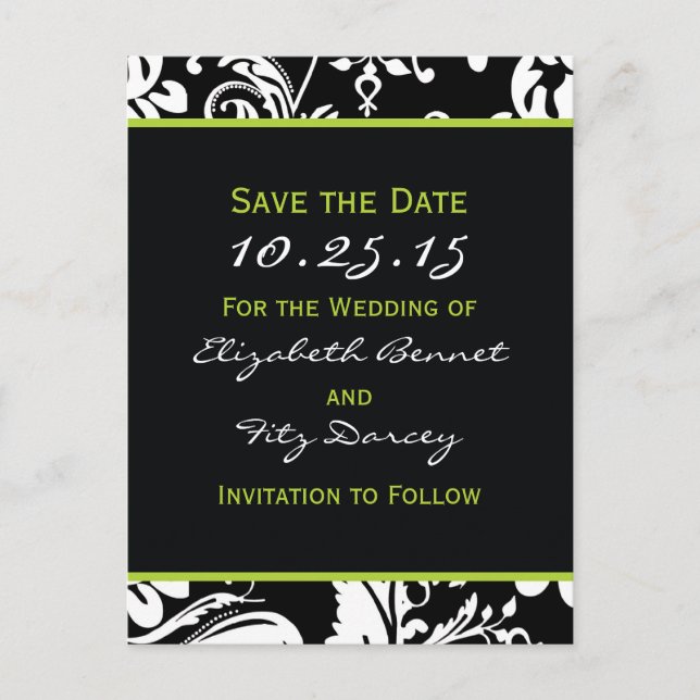 Black & Green Contemporary Damask Save the Date Announcement Postcard (Front)