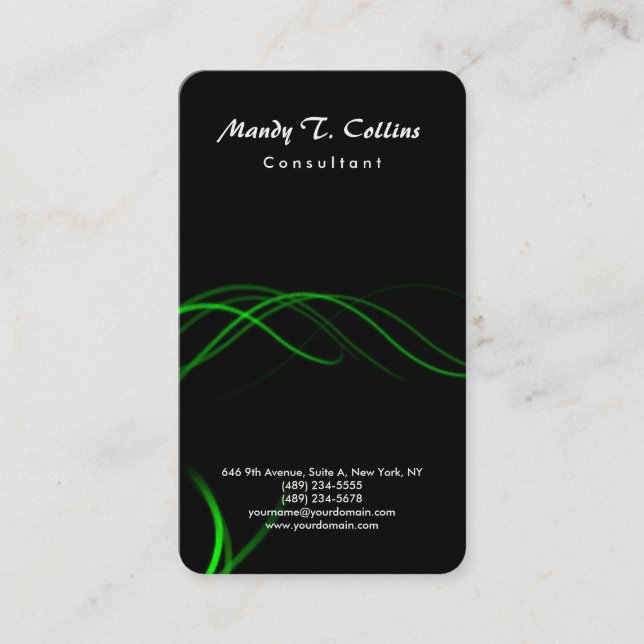 Black Green Curves Brush Script Minimalist Modern Business Card (Front)