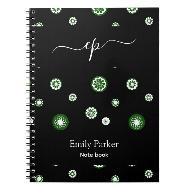 Black Green Custom Logo Monogram Script Name Dots  Notebook (Front)