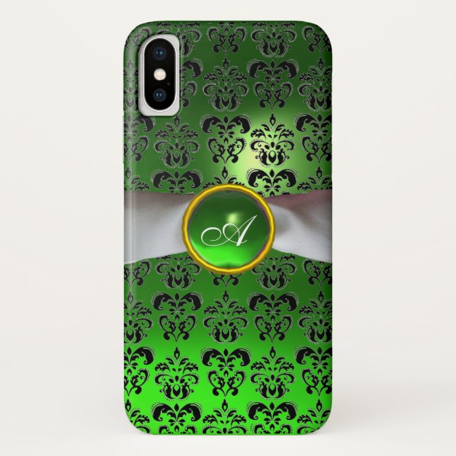 BLACK GREEN DAMASK GEM ONOGRAM  white ribbon Case-Mate iPhone Case (Back)