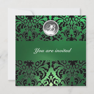 BLACK & GREEN DAMASK GEM STONE MONOGRAM white ice Invitation