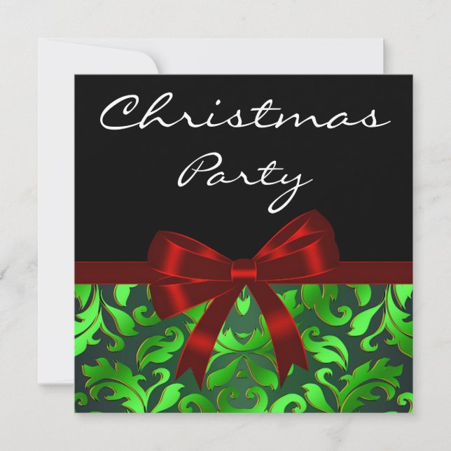 Black Green Damask Red Bow Christmas Party Invitation (Front)