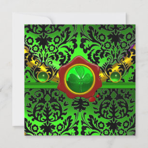 BLACK  GREEN DAMASK,SHAMROCK,RED WAX SEAL MONOGRAM INVITATION
