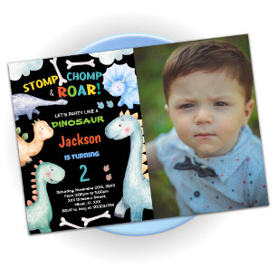 Black Green Dinosaur Birthday Invitations w photo