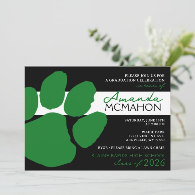 Black & Green Elegant Pawprint (Photo Back) Invitation (Standing Front)