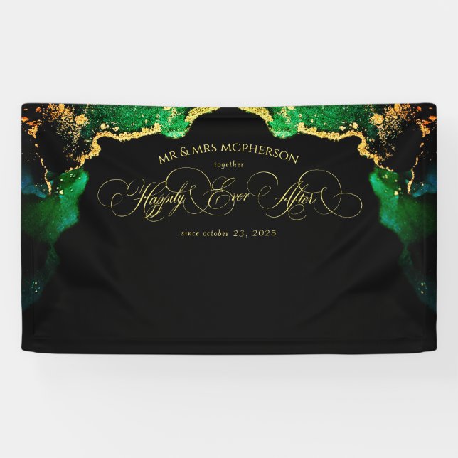 Black Green Elegant Script Wedding Backdrop Banner (Horizontal)