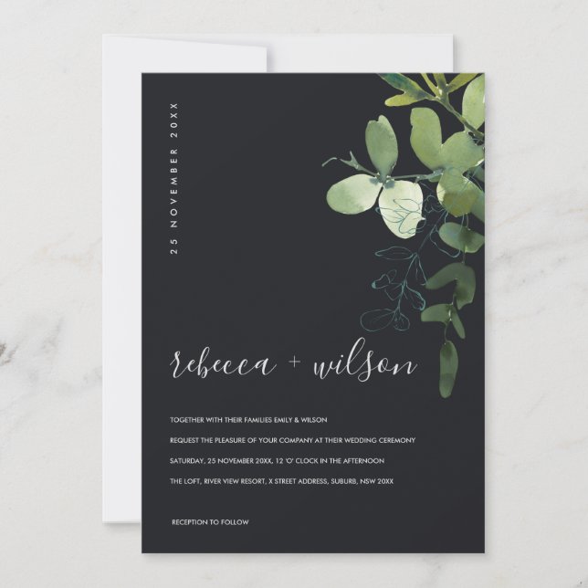 BLACK GREEN EUCALYPTUS FOLIAGE WATERCOLOR WEDDING INVITATION (Front)