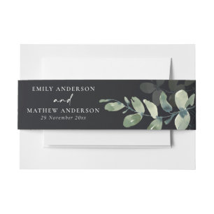 BLACK GREEN EUCALYPTUS FOLIAGE WATERCOLOR WEDDING INVITATION BELLY BAND