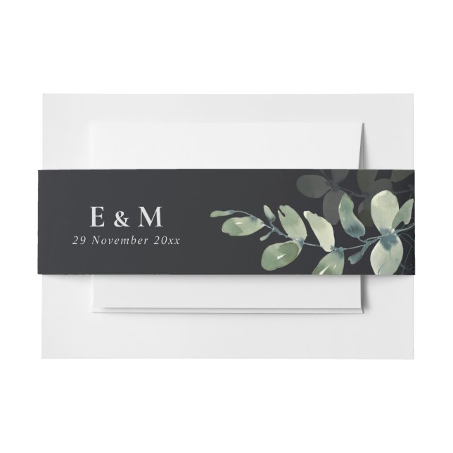 BLACK GREEN EUCALYPTUS WATERCOLOR MONOGRAM WEDDING INVITATION BELLY BAND (Front Example)