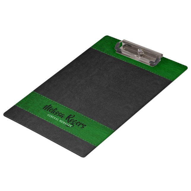 Black & Green Faux Leather Stitches Effect Clipboard (Angled)