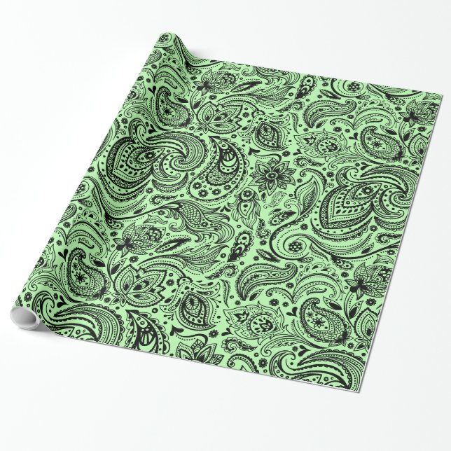 Black & Green Floral Paisley Wrapping Paper (Unrolled)