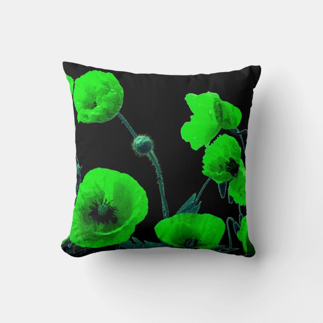 Black Green Floral Watercolor Poppy Flowers Unique Cushion (Front)
