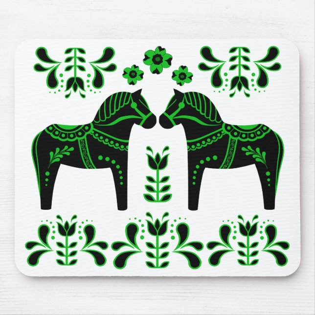 Black/green Folk Dala horse/Folk Friesian Mouse Mat (Front)