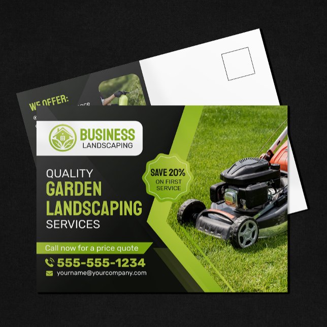 Black & Green Garden Landscaping Lawn Care Mowing Postcard (Creator Uploaded)