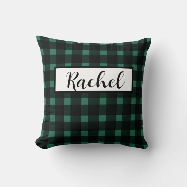 Black Green Gingham Personalised Cushion (Front)