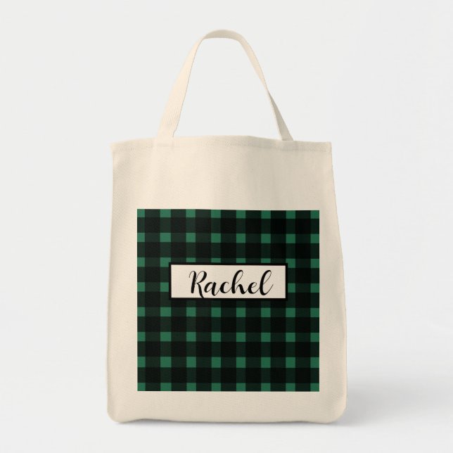 Black Green Gingham Personalised  Tote Bag (Front)