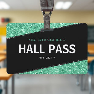 Black & Green Glitter School Teacher Hall Pass ID Badge