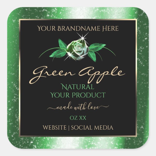 Black Green Glitter Stars Floral Product Labels (Front)