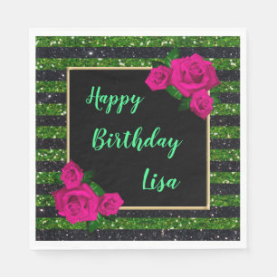 Black Green Glitter Stripes Pink Roses Birthday Napkin
