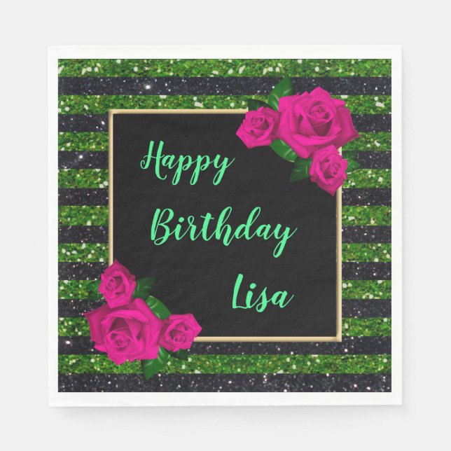Black Green Glitter Stripes Pink Roses Birthday Napkin (Front)