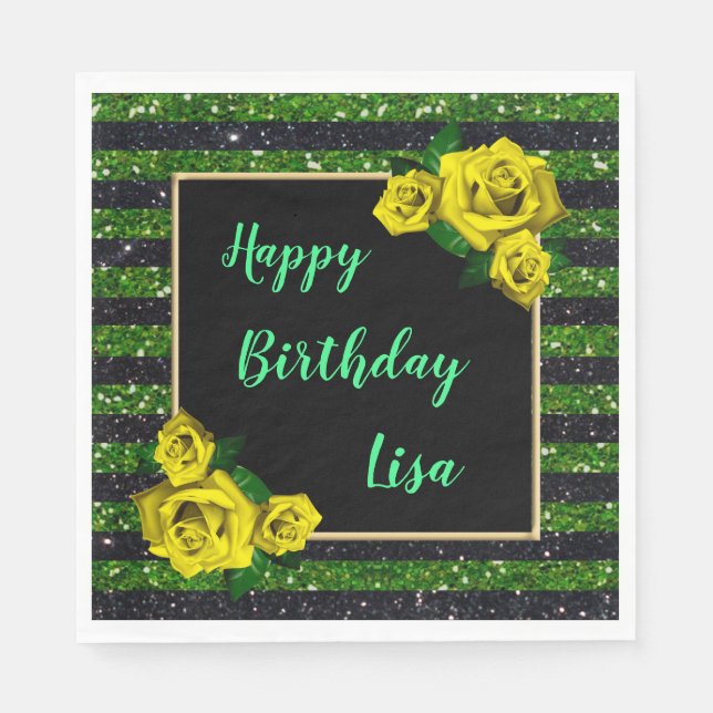 Black Green Glitter Stripes Yellow Roses Birthday Napkin (Front)