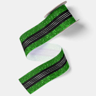 Black Green Glittery Background Shiny Silv Stripes Satin Ribbon