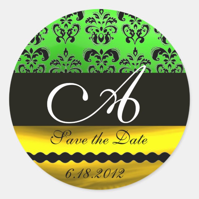 BLACK GREEN GOLD DAMASK MONOGRAM Save the Date Classic Round Sticker (Front)