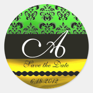 BLACK GREEN GOLD DAMASK MONOGRAM Save the Date Classic Round Sticker