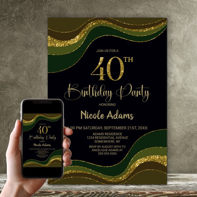 Black Green Gold Glitter 40th Birthday Party Invitation (Creator Uploaded)