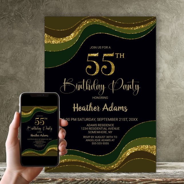 Black Green Gold Glitter 55th Birthday Party Invitation (Creator Uploaded)