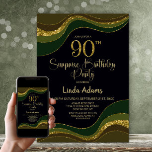 Black Green Gold Glitter Surprise 90th Birthday Invitation