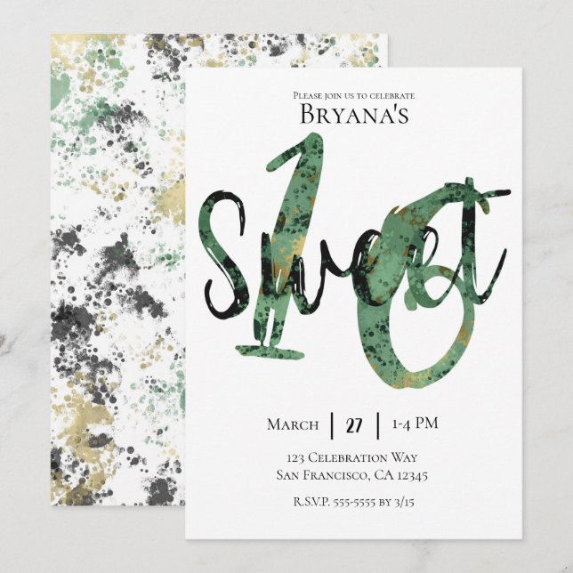 Black Green Gold Modern Sweet 16 Birthday Party Invitation (Front/Back)