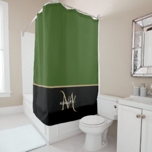 Black   Green & Gold Monogram Elegant Luxury  Shower Curtain
