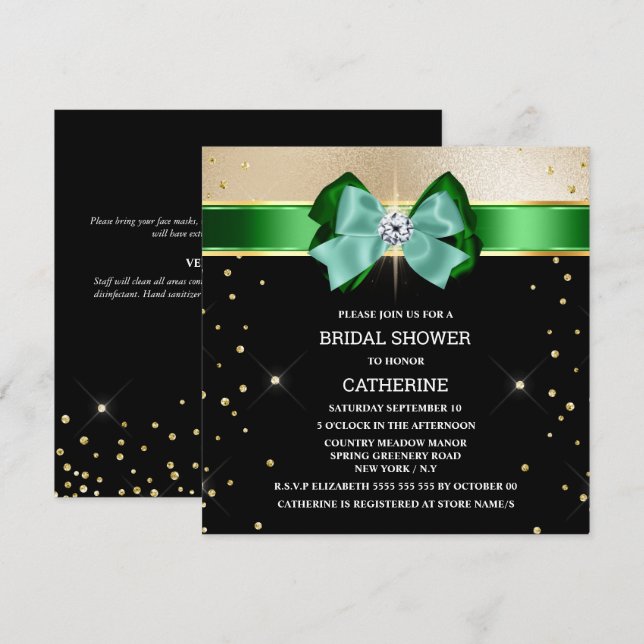 Black green gold shimmer bow sparkle glitter invitation (Front/Back)