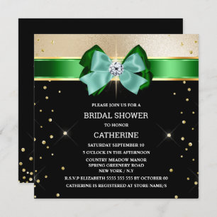 Black green gold shimmer bow sparkle glitter invitation