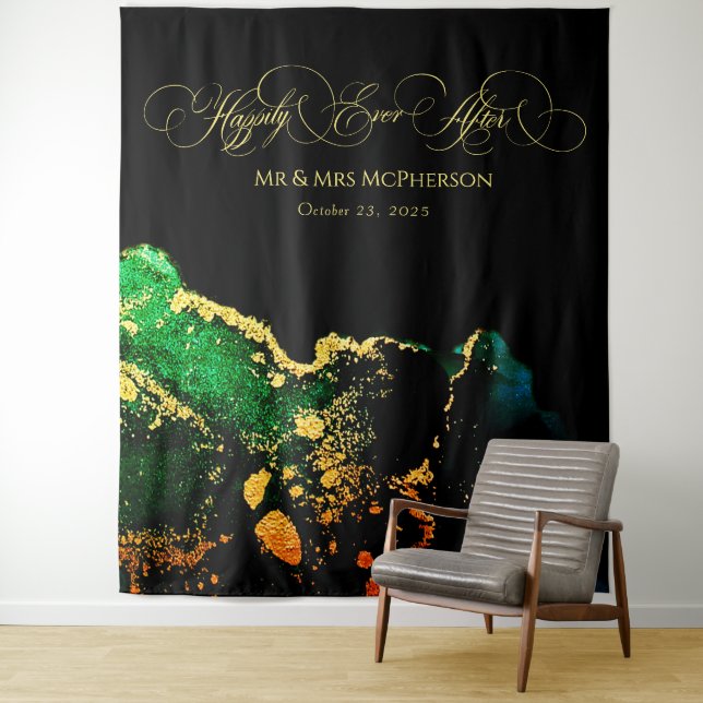 Black Green Gold Vintage Wedding Photo Backdrop Tapestry (In Situ)