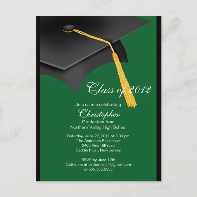 Black Green Grad Cap Graduation Party Invitation Postcard (Front)