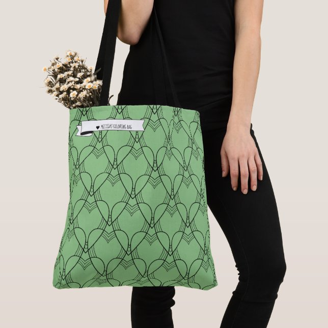 Black & Green Heart Pattern Colouring Go-Bag Tote Bag (Close Up)