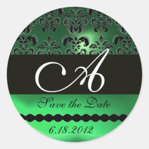 BLACK GREEN JADE DAMASK MONOGRAM, Save the Date Classic Round Sticker