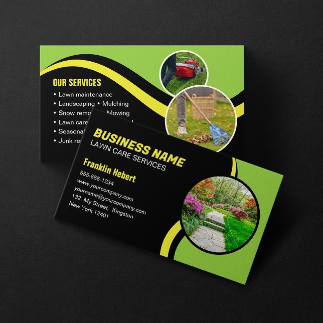 Black Green Lawn Care Landscaping Mowing 3 Photo Business Card (Creator Uploaded)