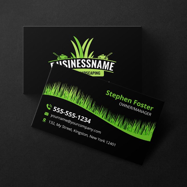 Black Green Lawn Care Landscaping Mowing Lawncare Business Card (Creator Uploaded)