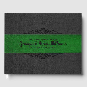 Black & Green Leather Black Floral Accent Guest Book