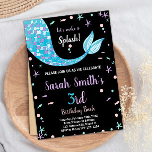 Black Green Mermaid Tail Birthday Invitations