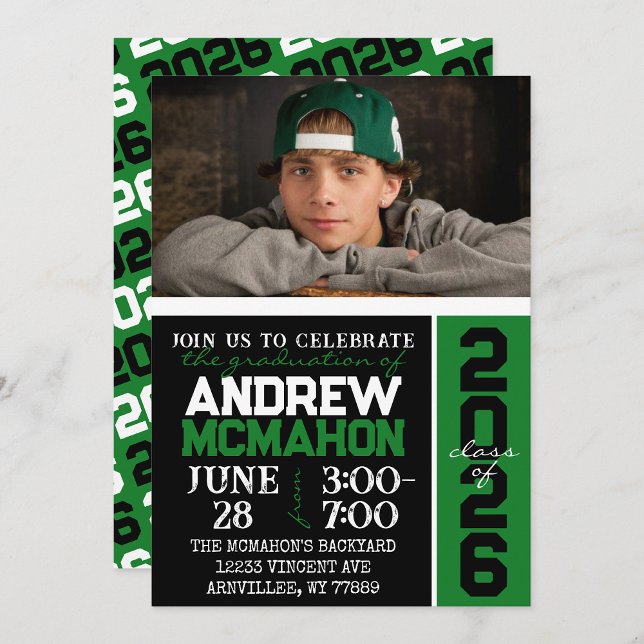 Black & Green Modern Graduation Photo Invitation (Creator Uploaded)