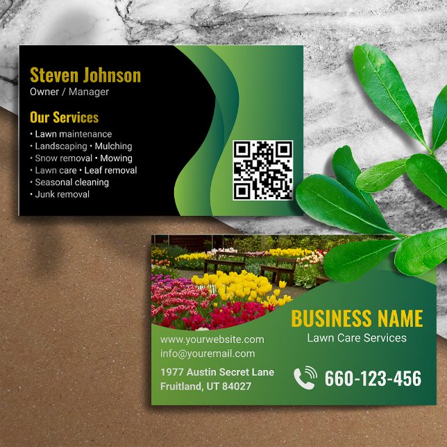 Black Green Modern Lawn Care Landscaping QR Code Business Card (Creator Uploaded)